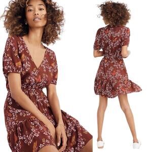 Madewell Mini Faux Wrap Dress Floral Butterfly Print Maroon Pink Yellow Womens 2